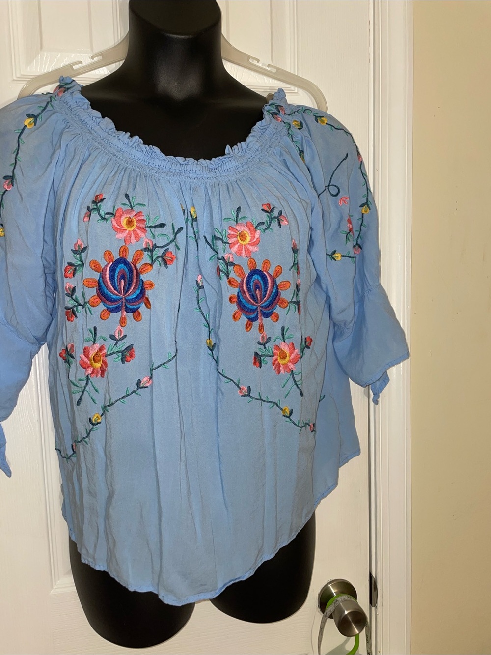 Sky Blue Embroidery Peasant Blouse with Split Ties on Elbow Sleeves XL